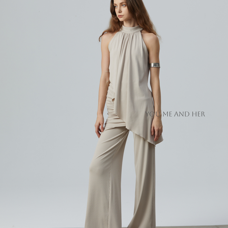You Me and Her Original Oatmeal Halter Neck Asymmetrical Dress with Flared Pants, Elegant Date Outfit 2-Piece Set You Me and Her Original Oatmeal Halter Neck Asymmetrical Dress with Flared Pants, Elegant Date Outfit 2-Piece Set