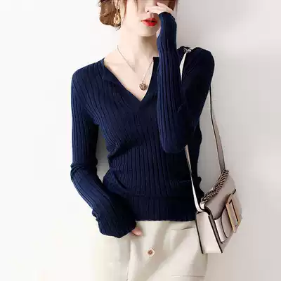 Cure machine V collar long sleeve jacket 2021 Autumn New slim stretch pit striped thin wool sweater