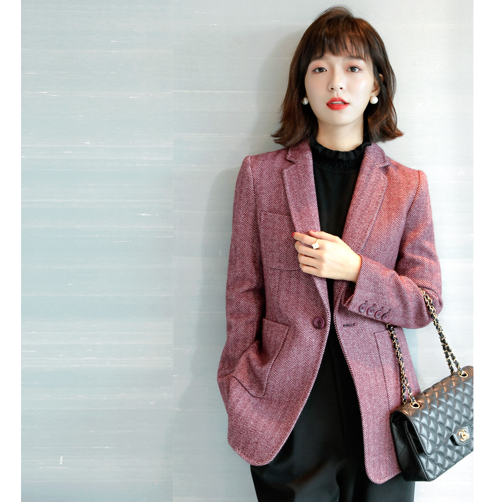 Japanese herringbone tattoo suit jacket woman 2022 new autumn and winter workout in a long version of a slim temperament wool Western suit
