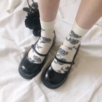Summer thin section jk socks dark black Japanese retro rose black and white jacquard velvet mid-tube pile socks women
