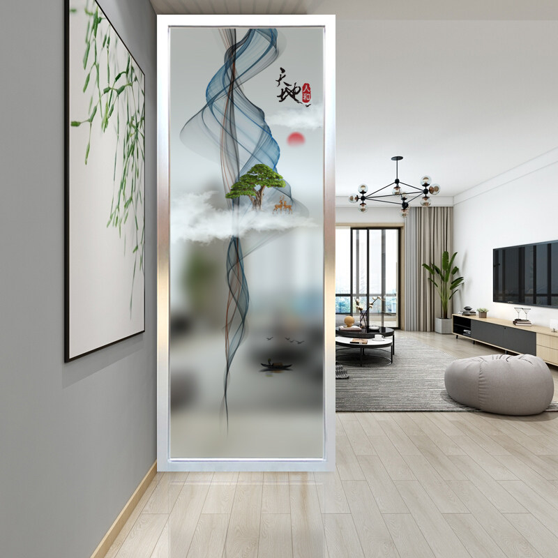 Chinese modern minimal art glass screen window room entry to the seat partition wall decorated double-sided frosted abstraction painting