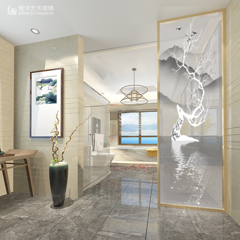 Modern minimalist art glass screen living room bedroom porch partition wall dry and wet area separation high-end rich elk