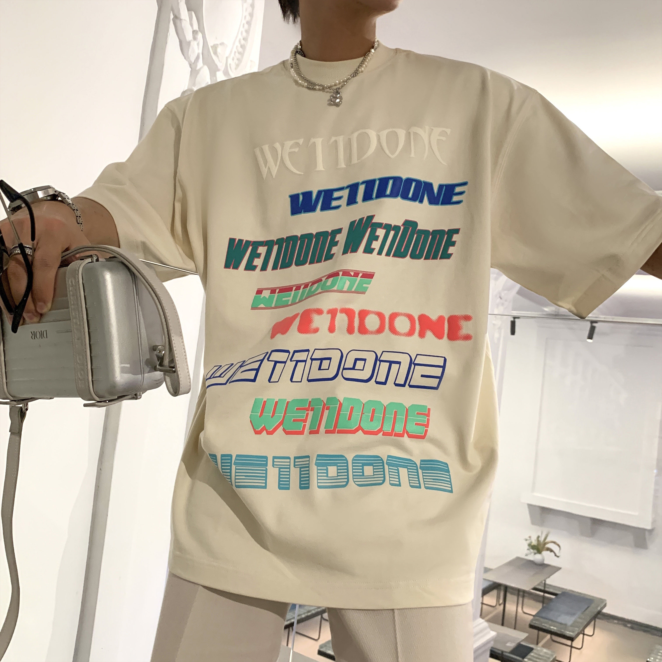 WE11DONE new neon bullet screen logo short-sleeved T-shirt color printing loose round neck welldone top