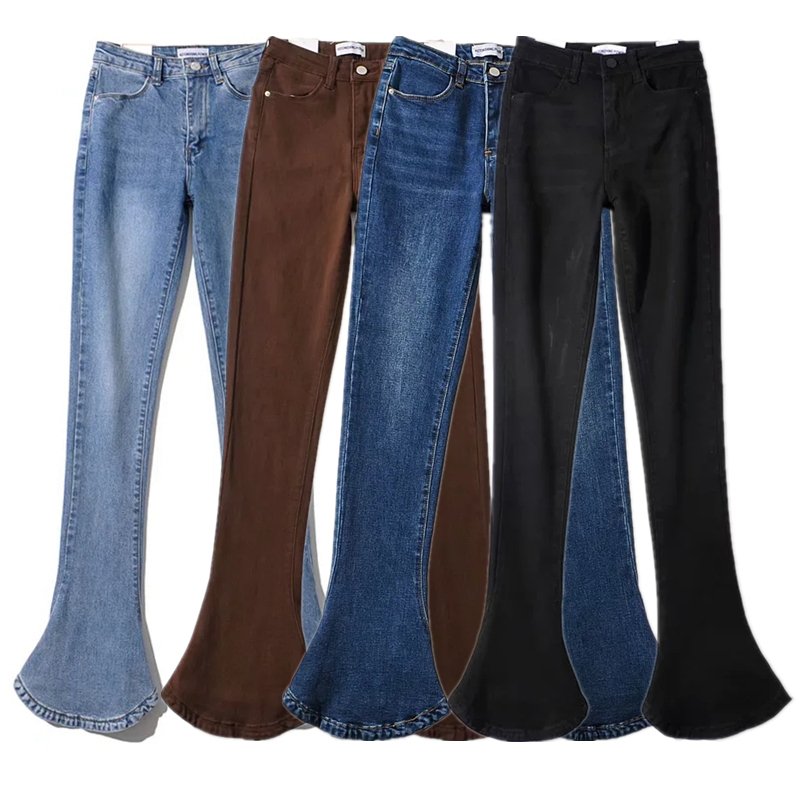 European Style Women's Retro Mid-High Waist Slim Fit Stretch Denim Long Pants Flared Pants Horse Hoof Pants Aa4E