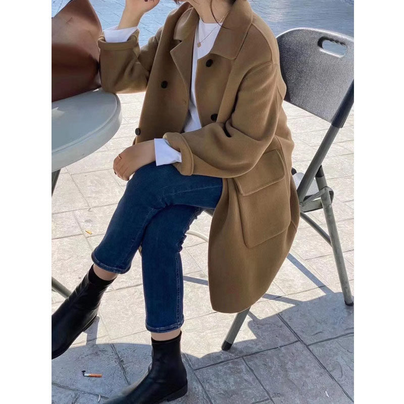 Double-sided cashmere big coat female medium long version 2021 autumn winter new loose Hepburn fur coat small sub