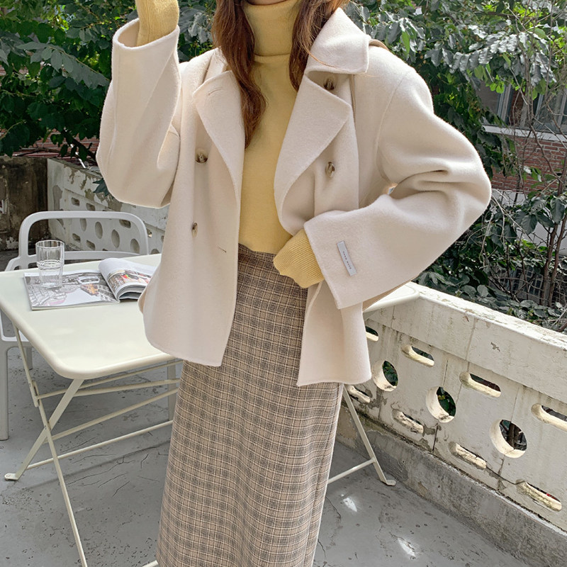 Double face cashmere big coat woman short and small sub 2021 new autumn and winter Korean version loose and thin fur coat