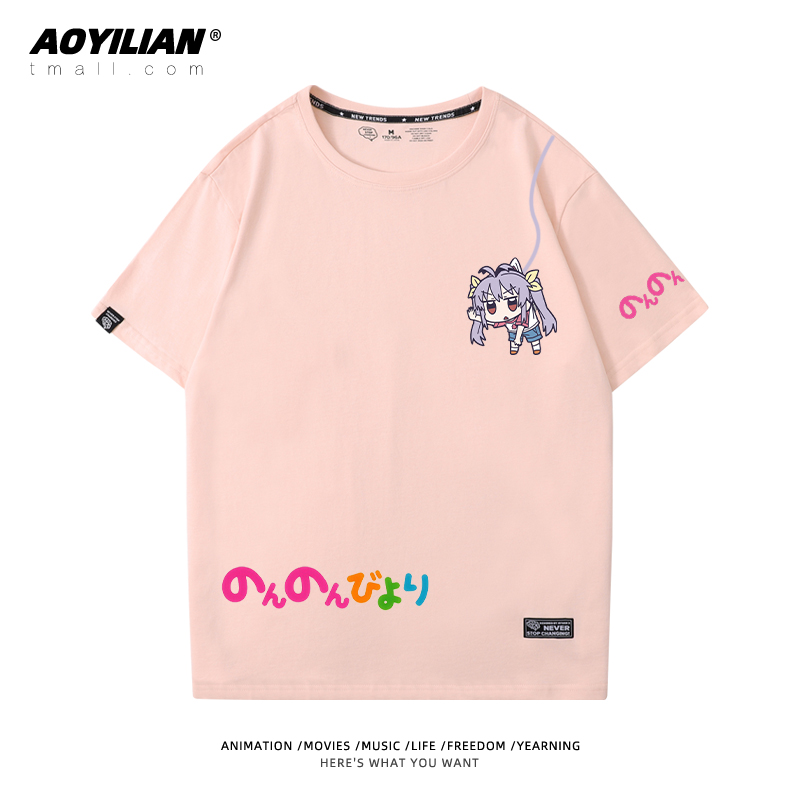 Crew Neck - Pink - 0 & (4)comic    long Ah Ah girl Rihe   Miaopas Short sleeve T-shirt periphery men and women lovers