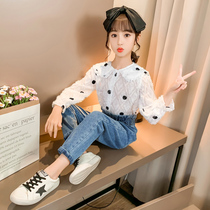 2021 new fashion fashionable denim two-piece girls spring suit Childrens middle and large childrens foreign style Korean version of the tide