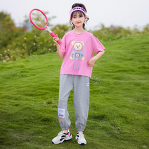 Girls summer foreign style suit 2021 new childrens Korean version of the net red summer clothes in the big childrens cartoon two-piece set tide