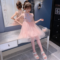Girls cheongsam dress 2021 new summer dress western style childrens solid color little girl Hanfu princess skirt