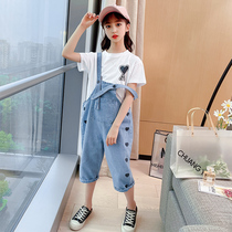 Girls summer suit 2021 new foreign style fashionable net red summer childrens bib girls big children two-piece set