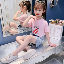 Girls  summer suit 2021 new Korean version of the childrens net red foreign style summer large childrens denim shorts two-piece set