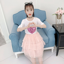 Girls summer suit 2021 new short-sleeved childrens clothing love net red childrens clothing girls summer sweet two-piece set