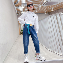 Girls jeans spring 2021 new Korean version of the foreign style tide childrens casual pants outside the spring big childrens pants