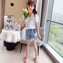Girls summer suit 2021 summer new medium and large children little girl denim shorts childrens clothing two-piece set tide