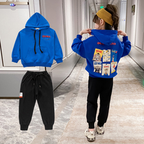 Girls  suit spring 2021 new net red childrens Korean childrens clothing spring and autumn Western style hooded sweater two-piece set