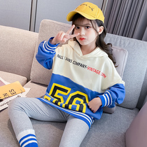 Girls  suit spring 2021 new net red childrens foreign style Korean version of the spring and autumn fashion hooded sweater two-piece set