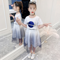 Girls summer suit 2021 new childrens net red summer childrens clothing girls Korean version of the Western skirt two-piece set