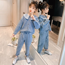 Girls denim suit Net red childrens clothing 2021 new spring childrens velvet childrens spring foreign style two-piece set