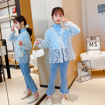 Girls spring suit 2021 new net red childrens clothing foreign style girls spring and autumn clothes in large childrens cowboy three-piece set