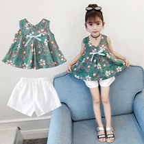 Childrens clothing 2021 new girls summer suit little girl net red sleeveless summer childrens style floral two-piece set