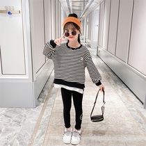 Girls  autumn suit 2021 new net red childrens Korean childrens clothing spring and autumn fashionable Western style striped two-piece set