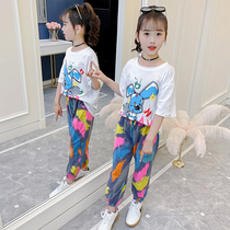 Girls  summer sports suit 2021 new middle and large childrens childrens hip-hop style foreign style net red two-piece set