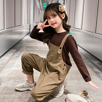 Childrens clothing girls  spring suit 2021 new childrens online red Korean version of the girls Western style bib pants two-piece set tide clothes