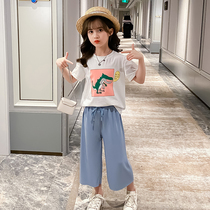 Girls suit summer 2021 new childrens net red girl summer foreign style Korean version of short-sleeved three-point pants two-piece set