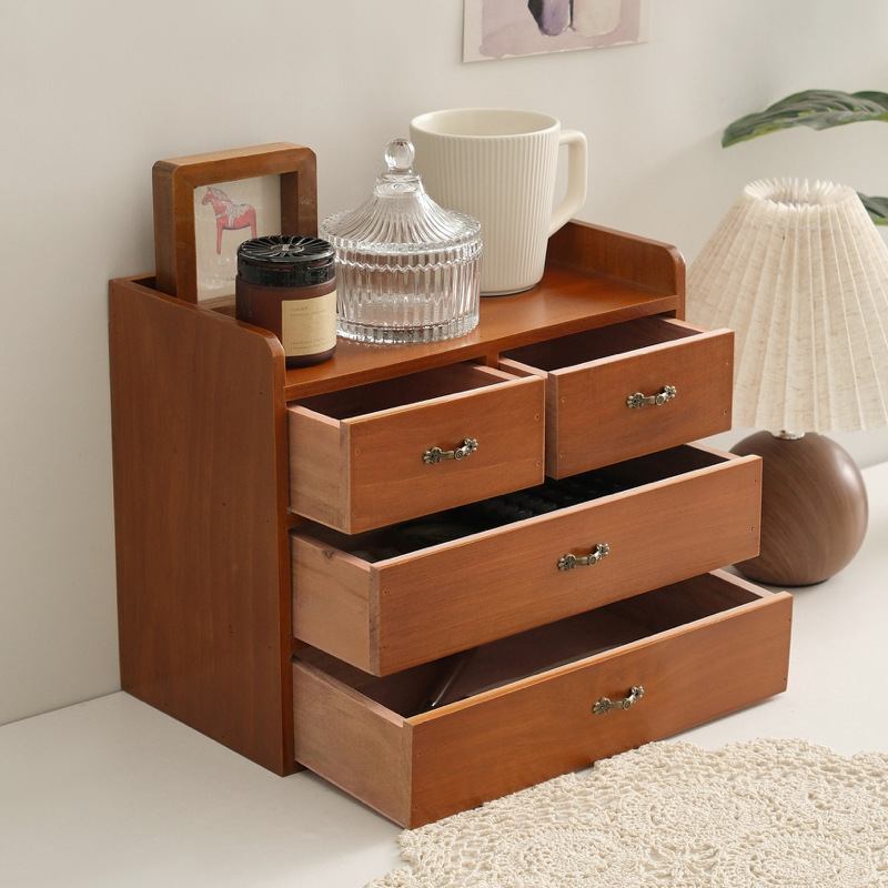 Retro High-Quality Pine Wood Desktop Storage Wooden Frame Drawer Compartment Design Kitchen Bedroom Desktop Storage Compartment