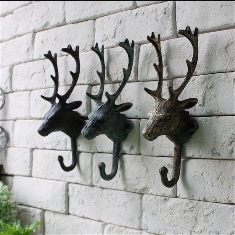 Auspicious Deer Head Eu Style Retro Iron Art Deer Head Decoration Hook Clothe Hood Hook Shop Bar Three Deer Head Hooks