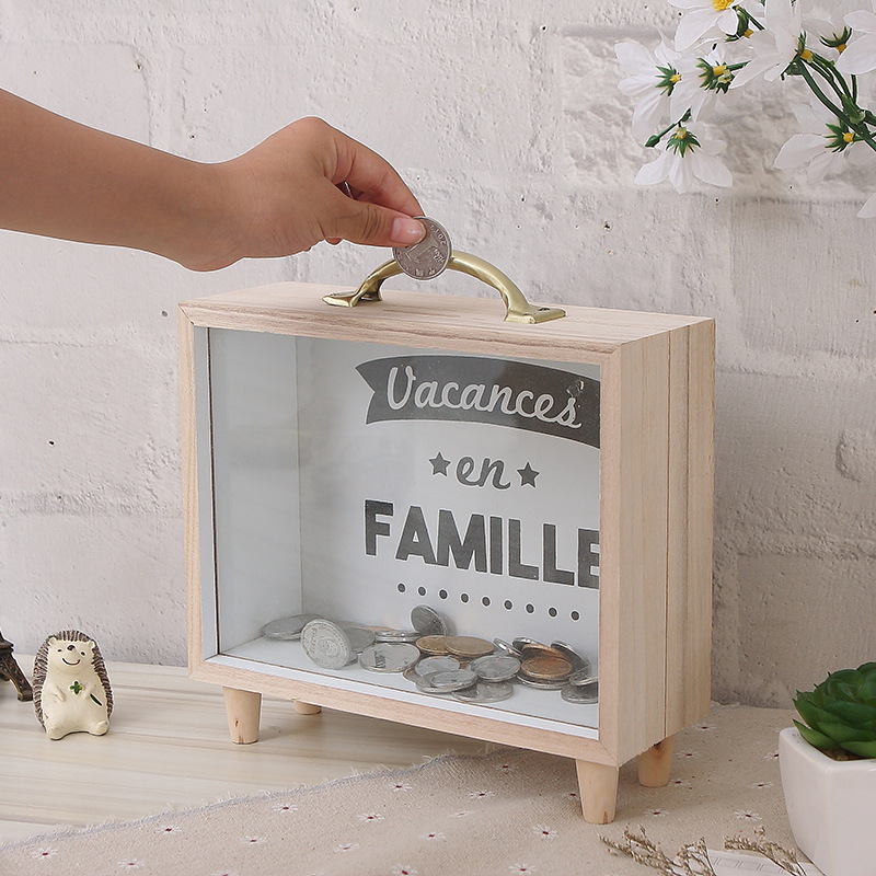 Household solid wood creative money tube wooden can store and retrieve transparent coin jar personality piggy bank money tube ornaments