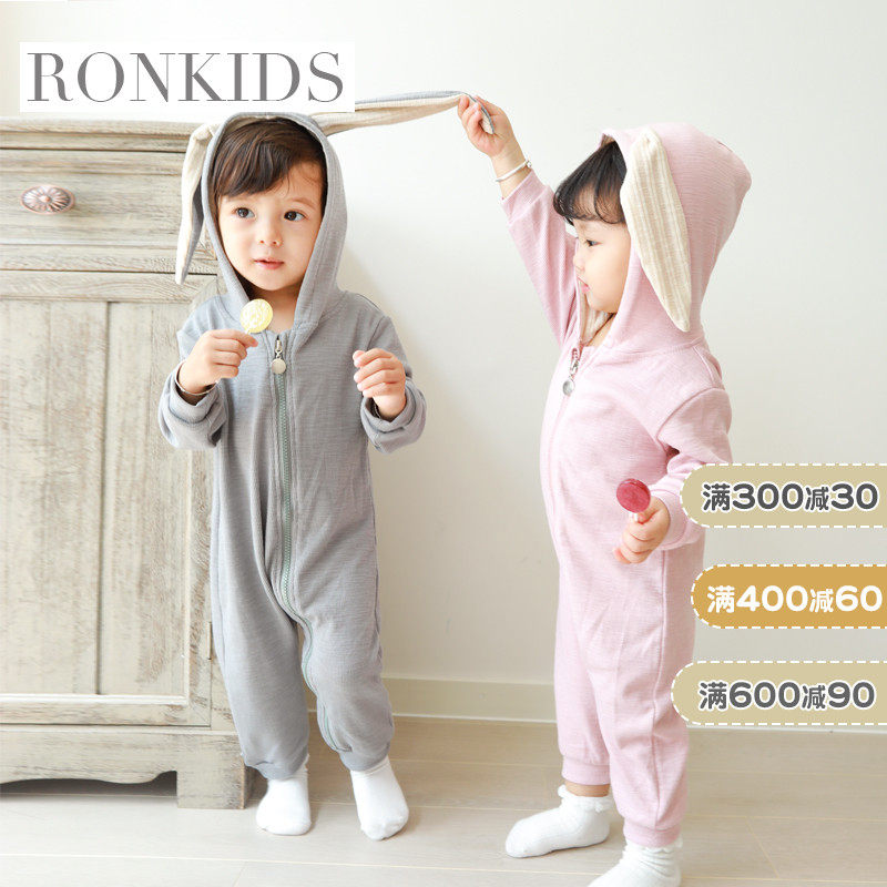 ronkids baby climbing clothes for men and women Korean version of the cute rabbit ears jumpsuit super foreign full moon children