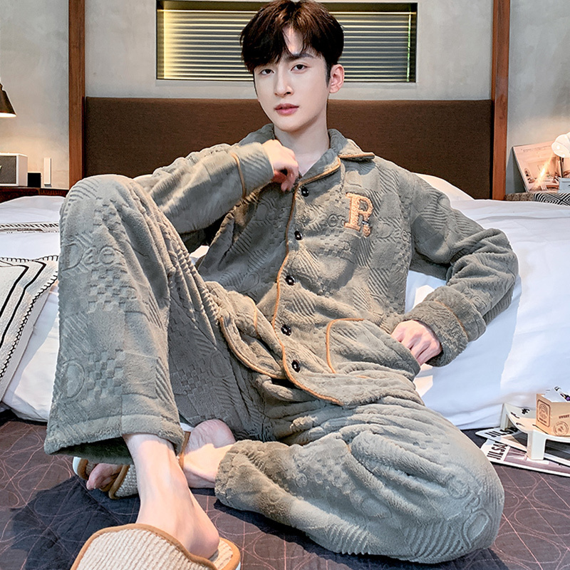 Fenteng Men's Pajamas Autumn and Winter Coral Fleece Thickened Flannel Homewear Men's Set