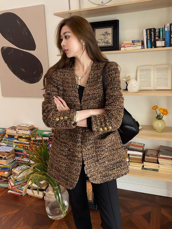 Gold Thread Interwoven Wool Tweed Chanel-Style Jacket for Women, New Autumn and Winter Collection, Heavy Craftsmanship, Modern and High-End Mid-Length Blazer