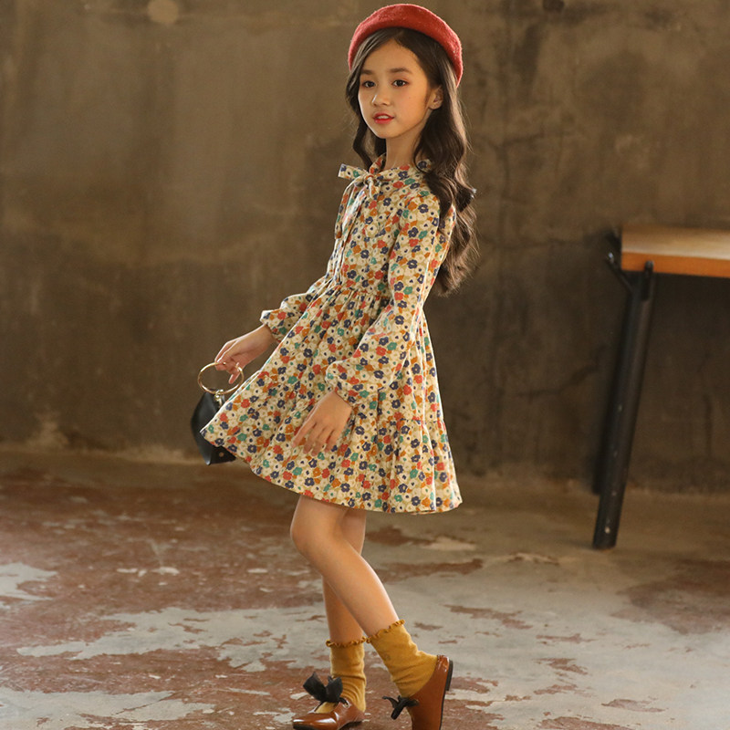 2022 New Girls Autumn Dresses Korean Style Dresses 8-12 Years Old Children's Princess Trendy Floral Skirts