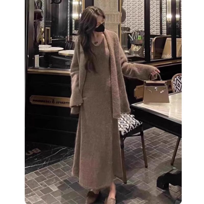Autumn and Winter Gentle Tea-Colored Sweater Dress Set, Lazy and Loose Mid-Length Knitted Cardigan and Suspender Skirt Two-Piece Set