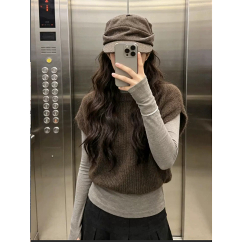 Old Money Style Coffee-Colored Round-Neck Mohair Knit Vest for Women, Autumn and Winter Sleeveless Sweater Vest Top Old Money Style Coffee-Colored Round-Neck Mohair Knit Vest for Women, Autumn and Winter Sleeveless Sweater Vest Top