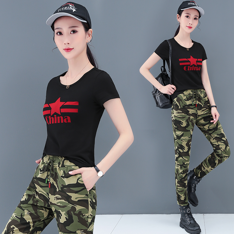Camouflage suit couple two-piece military clothing short sleeve T-shirt trousers army training square dance dress