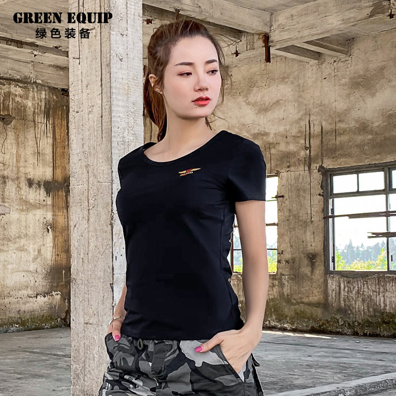 Outdoor casual camouflage round neck T-shirt men and women couples short sleeve badge embroidery black army green handsome