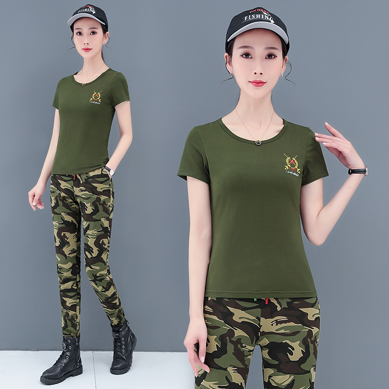 Black Short Sleeve Camouflay Long Pants Woman Xia Han Version Short Sleeve T-shirt Casual Sashimi Tracksuit Pants Sport Two Suits Tide