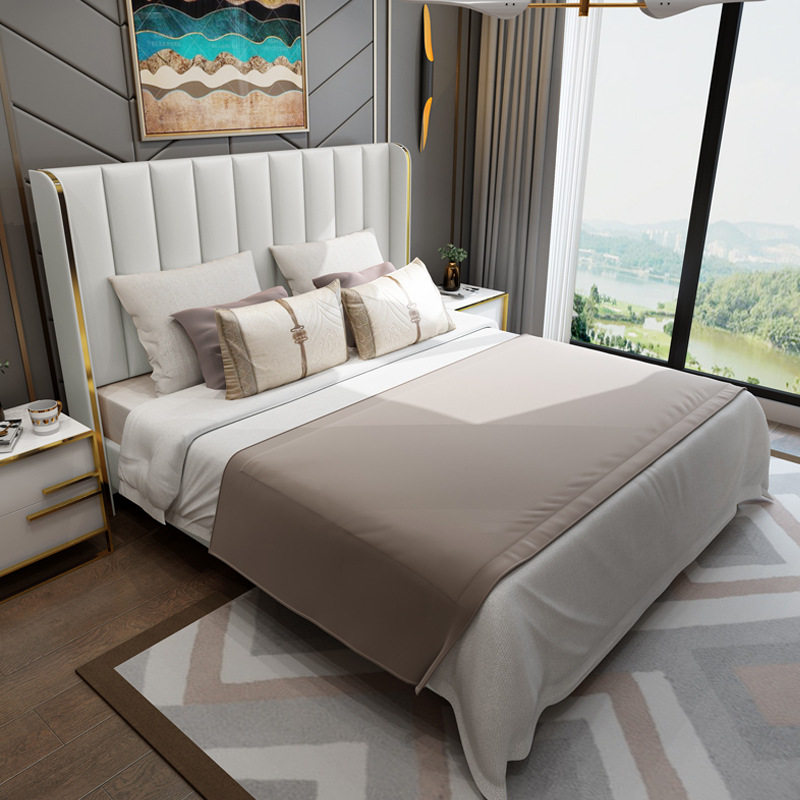 Postmodern Hong Kong-style light luxury bed simple master bedroom leather bed 18m double bed wedding bed 15m princess high back bed