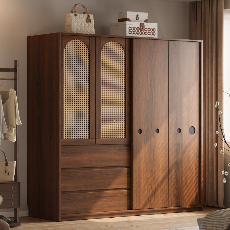 Solid Wood Sliding Door Wardrobe French Retro Rattan Storage Cabinet Bedroom Walnut Color Wardrobe Home Floor-Standing Storage Cabinet