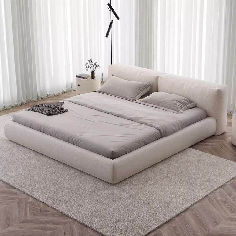 Tofu Block Bed Nordic Light Luxury Fabric Bed Modern Minimalist Tatami Cat-Scratch Fabric Bed Beech Wood Slatted Frame Bed 1.8m