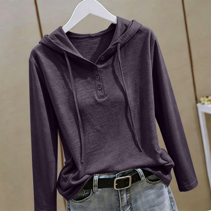 Plus-Size Hooded Long-Sleeve T-Shirt for Women, Autumn Bamboo Cotton, Loose Fit, Versatile, Slimming, Casual, Simple Button-Up Hoodie Top