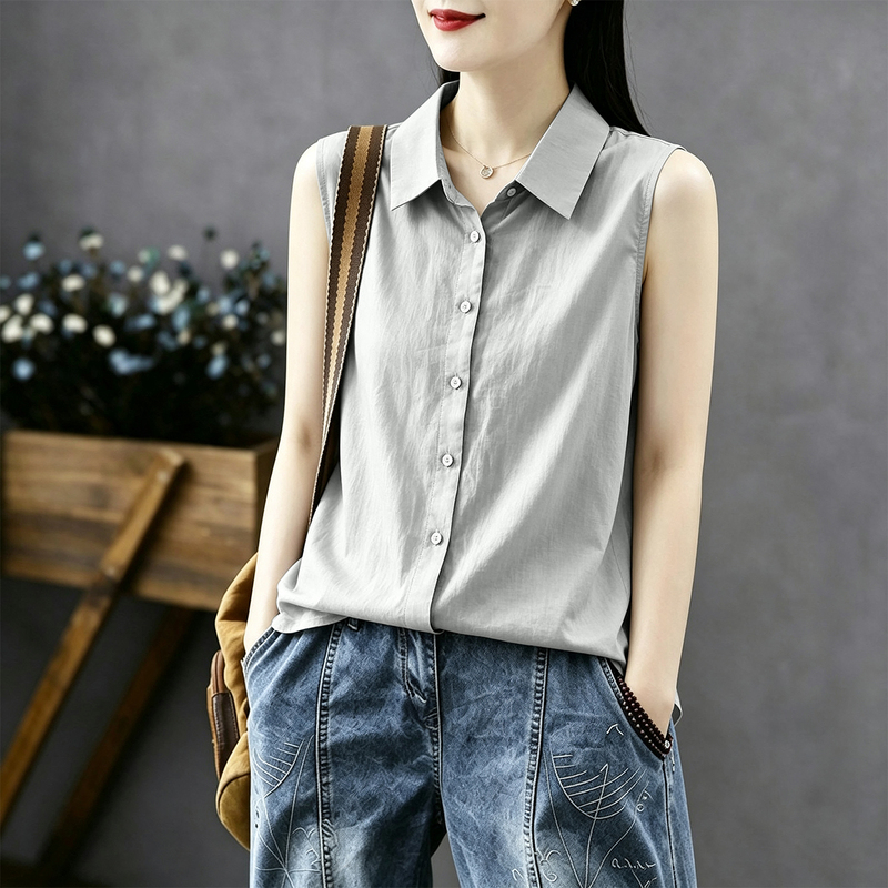 Summer Thin Sleeveless Shirt for Women, Double-Layer Cotton Gauze, Versatile, Simple, Casual, Loose, Large Size Polo Collar Vest Top