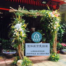 Multi-wood log combination arch wedding opening window forest scene background flower stand wood display shelf floral decoration