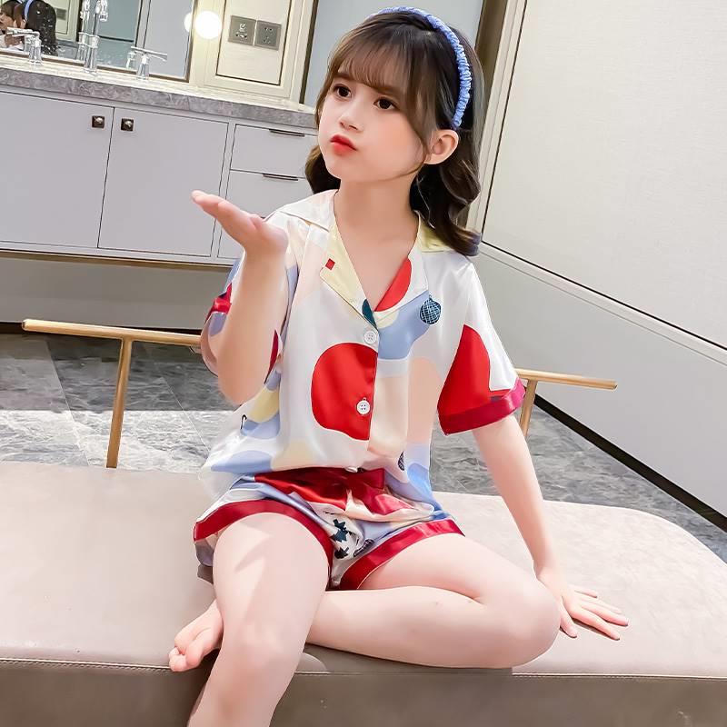 Japanese ZD girl's pajamas summer short sleeve ice silk girl's home suit in the jacket package of the big child princess air conditioning suit