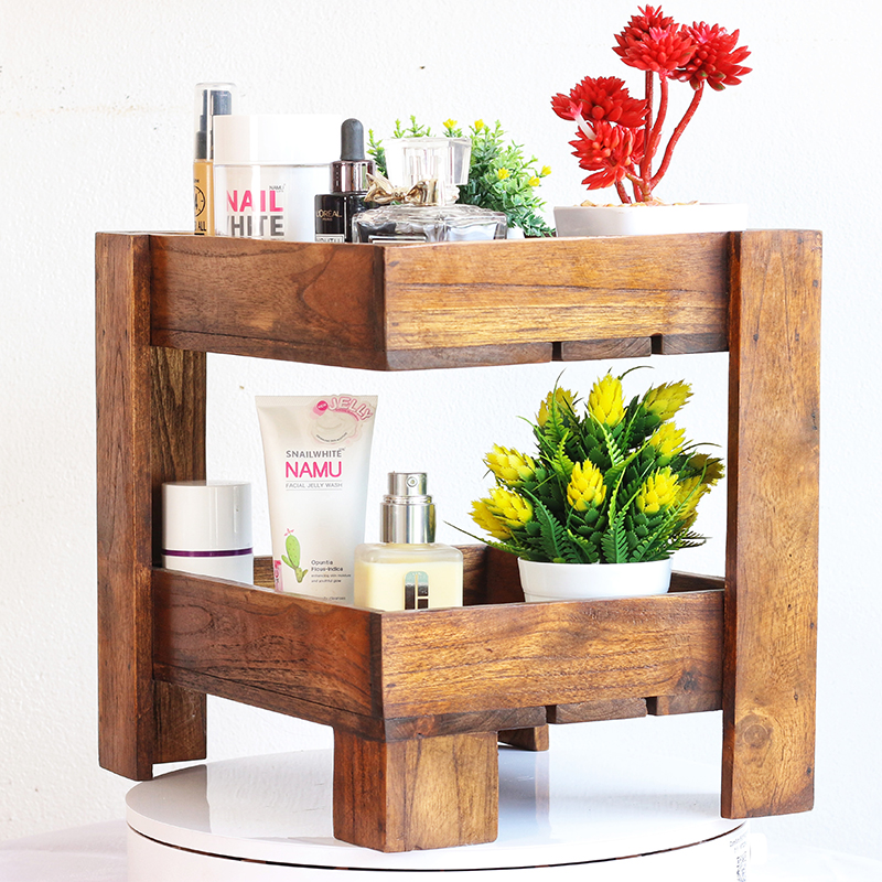 Two-story shelf solid wood powder room shelf wooden toilet toilet supplies desktop storage shelf 2 layers