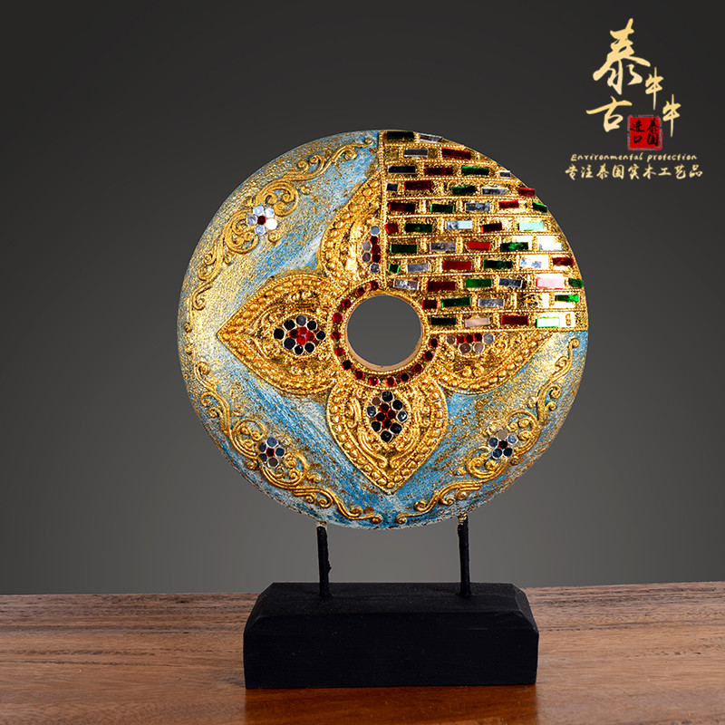 Southeast Asia home decoration ornaments Thailand solid wood craftsmanship lucky round gold patch lens wedding gifts